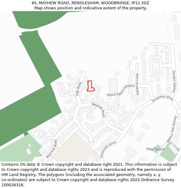 65, MAYHEW ROAD, RENDLESHAM, WOODBRIDGE, IP12 2GZ: Location map and indicative extent of plot