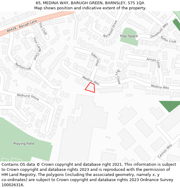 65, MEDINA WAY, BARUGH GREEN, BARNSLEY, S75 1QA: Location map and indicative extent of plot