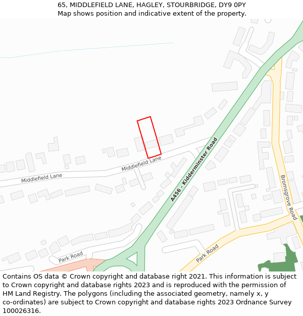 65, MIDDLEFIELD LANE, HAGLEY, STOURBRIDGE, DY9 0PY: Location map and indicative extent of plot