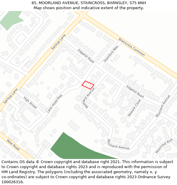 65, MOORLAND AVENUE, STAINCROSS, BARNSLEY, S75 6NH: Location map and indicative extent of plot