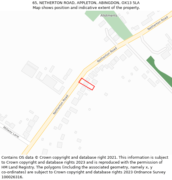 65, NETHERTON ROAD, APPLETON, ABINGDON, OX13 5LA: Location map and indicative extent of plot