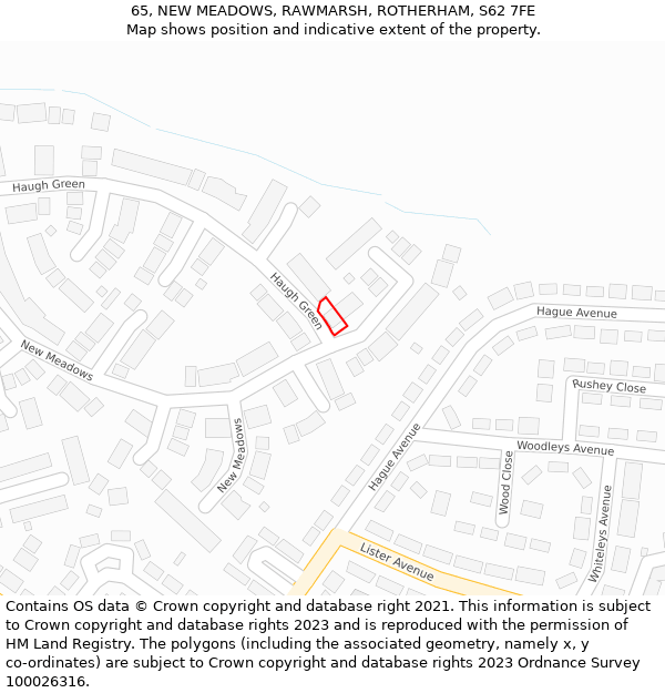 65, NEW MEADOWS, RAWMARSH, ROTHERHAM, S62 7FE: Location map and indicative extent of plot