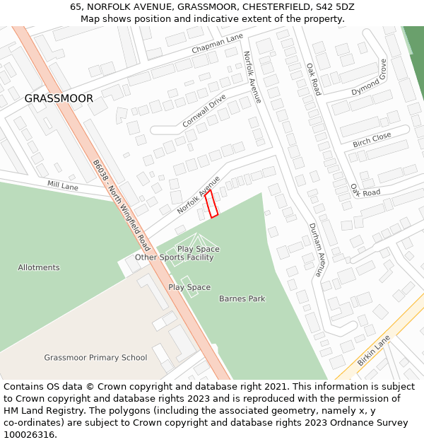 65, NORFOLK AVENUE, GRASSMOOR, CHESTERFIELD, S42 5DZ: Location map and indicative extent of plot