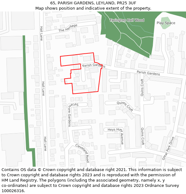 65, PARISH GARDENS, LEYLAND, PR25 3UF: Location map and indicative extent of plot