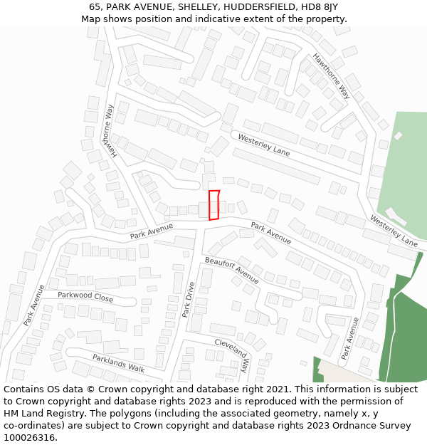 65, PARK AVENUE, SHELLEY, HUDDERSFIELD, HD8 8JY: Location map and indicative extent of plot