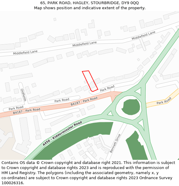 65, PARK ROAD, HAGLEY, STOURBRIDGE, DY9 0QQ: Location map and indicative extent of plot