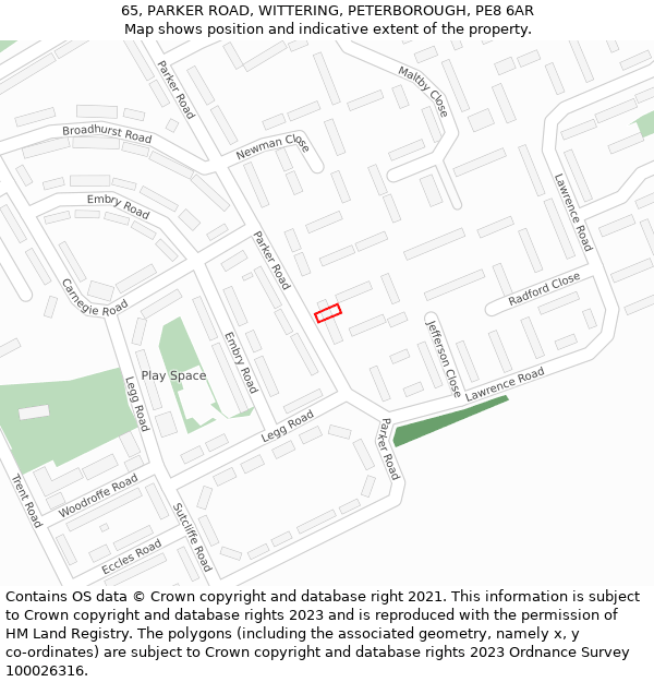 65, PARKER ROAD, WITTERING, PETERBOROUGH, PE8 6AR: Location map and indicative extent of plot