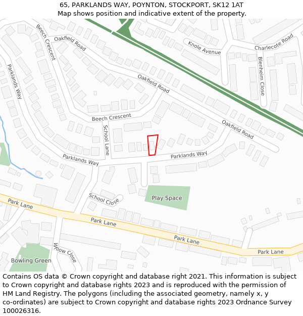 65, PARKLANDS WAY, POYNTON, STOCKPORT, SK12 1AT: Location map and indicative extent of plot