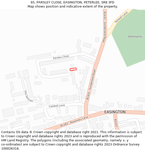 65, PARSLEY CLOSE, EASINGTON, PETERLEE, SR8 3FD: Location map and indicative extent of plot