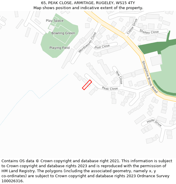 65, PEAK CLOSE, ARMITAGE, RUGELEY, WS15 4TY: Location map and indicative extent of plot