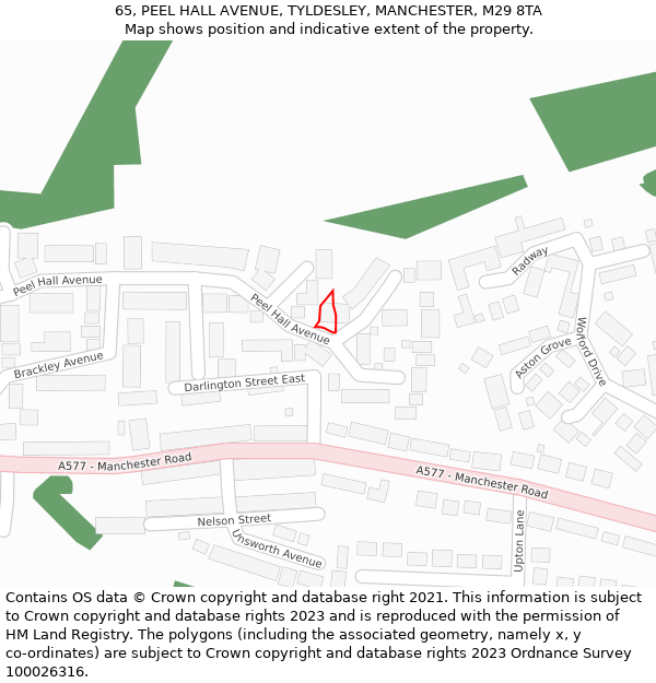 65, PEEL HALL AVENUE, TYLDESLEY, MANCHESTER, M29 8TA: Location map and indicative extent of plot