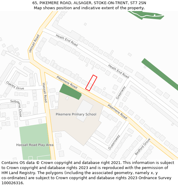 65, PIKEMERE ROAD, ALSAGER, STOKE-ON-TRENT, ST7 2SN: Location map and indicative extent of plot