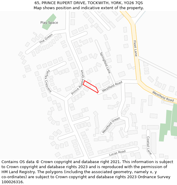 65, PRINCE RUPERT DRIVE, TOCKWITH, YORK, YO26 7QS: Location map and indicative extent of plot