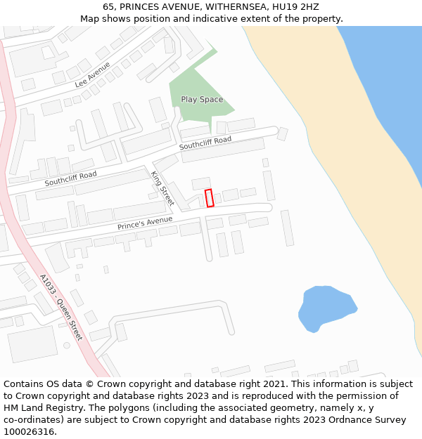 65, PRINCES AVENUE, WITHERNSEA, HU19 2HZ: Location map and indicative extent of plot