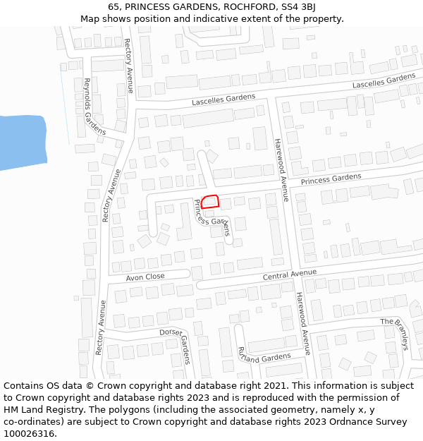 65, PRINCESS GARDENS, ROCHFORD, SS4 3BJ: Location map and indicative extent of plot