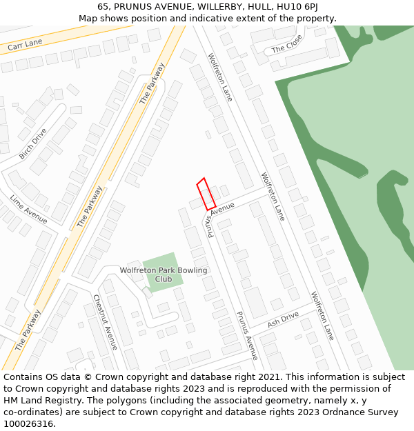 65, PRUNUS AVENUE, WILLERBY, HULL, HU10 6PJ: Location map and indicative extent of plot