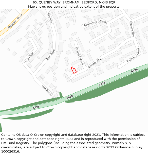 65, QUENBY WAY, BROMHAM, BEDFORD, MK43 8QP: Location map and indicative extent of plot