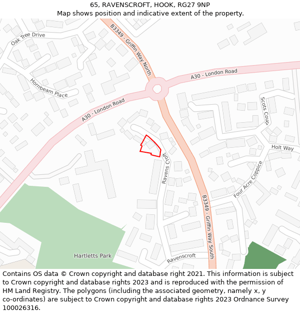 65, RAVENSCROFT, HOOK, RG27 9NP: Location map and indicative extent of plot