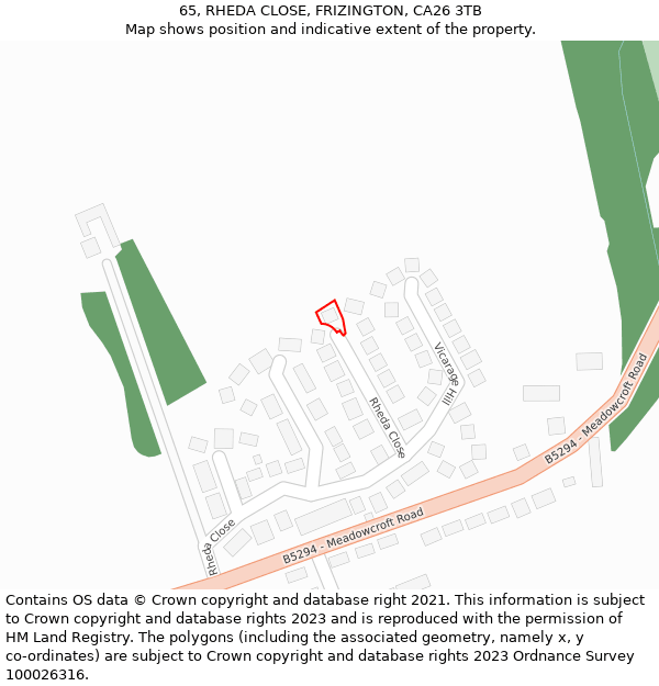 65, RHEDA CLOSE, FRIZINGTON, CA26 3TB: Location map and indicative extent of plot