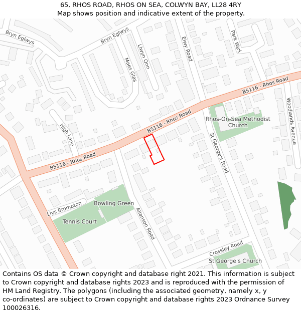 65, RHOS ROAD, RHOS ON SEA, COLWYN BAY, LL28 4RY: Location map and indicative extent of plot