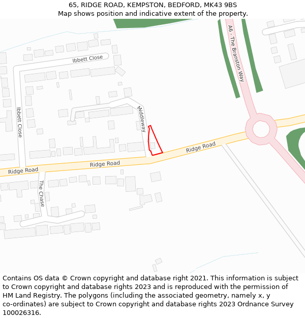 65, RIDGE ROAD, KEMPSTON, BEDFORD, MK43 9BS: Location map and indicative extent of plot