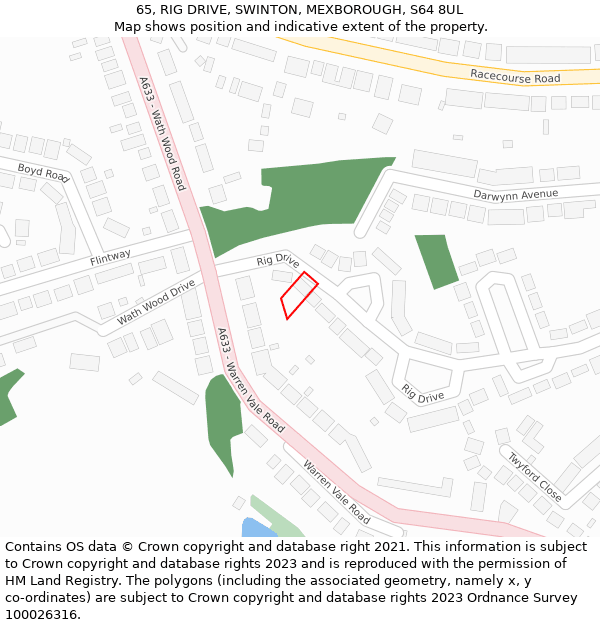 65, RIG DRIVE, SWINTON, MEXBOROUGH, S64 8UL: Location map and indicative extent of plot