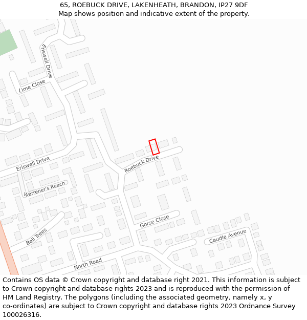 65, ROEBUCK DRIVE, LAKENHEATH, BRANDON, IP27 9DF: Location map and indicative extent of plot