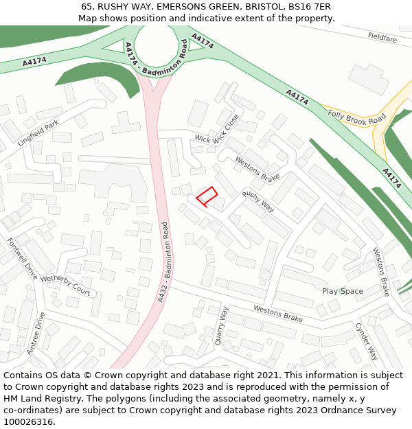 65, RUSHY WAY, EMERSONS GREEN, BRISTOL, BS16 7ER: Location map and indicative extent of plot