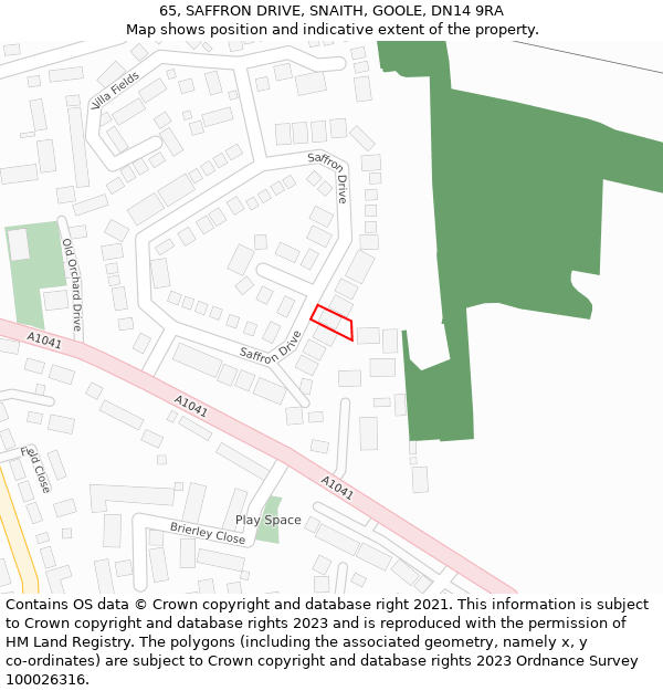 65, SAFFRON DRIVE, SNAITH, GOOLE, DN14 9RA: Location map and indicative extent of plot