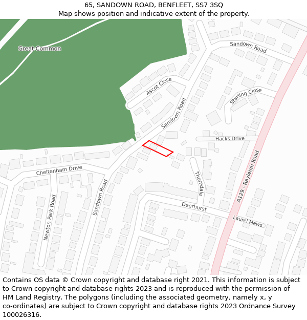 65, SANDOWN ROAD, BENFLEET, SS7 3SQ: Location map and indicative extent of plot