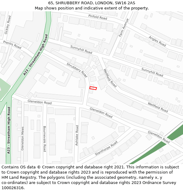 65, SHRUBBERY ROAD, LONDON, SW16 2AS: Location map and indicative extent of plot