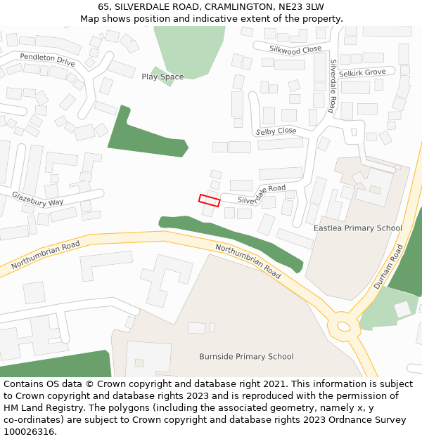 65, SILVERDALE ROAD, CRAMLINGTON, NE23 3LW: Location map and indicative extent of plot