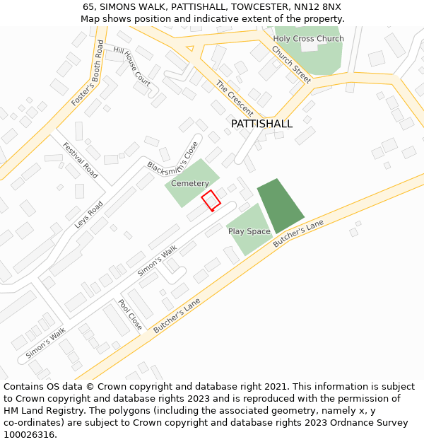 65, SIMONS WALK, PATTISHALL, TOWCESTER, NN12 8NX: Location map and indicative extent of plot