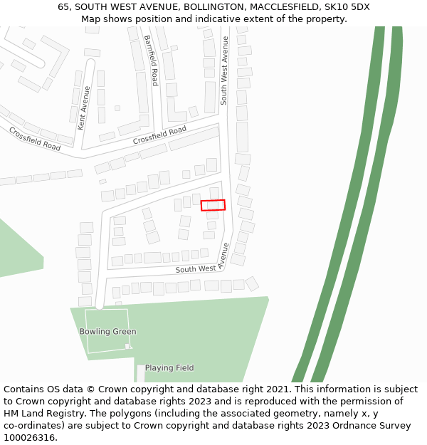 65, SOUTH WEST AVENUE, BOLLINGTON, MACCLESFIELD, SK10 5DX: Location map and indicative extent of plot