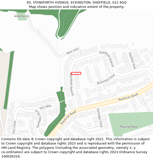 65, STANIFORTH AVENUE, ECKINGTON, SHEFFIELD, S21 4GQ: Location map and indicative extent of plot