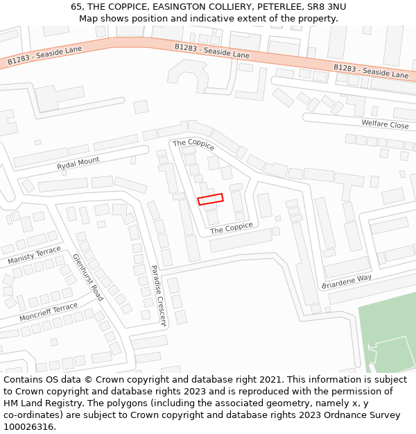 65, THE COPPICE, EASINGTON COLLIERY, PETERLEE, SR8 3NU: Location map and indicative extent of plot