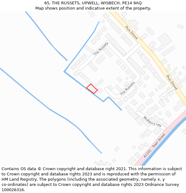 65, THE RUSSETS, UPWELL, WISBECH, PE14 9AQ: Location map and indicative extent of plot