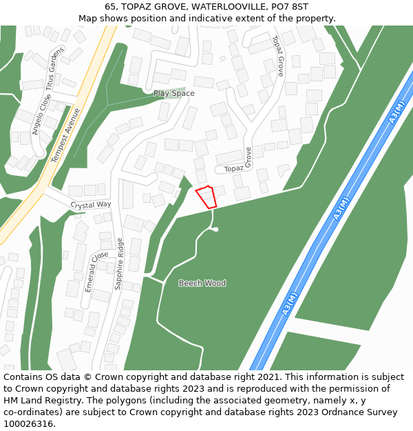 65, TOPAZ GROVE, WATERLOOVILLE, PO7 8ST: Location map and indicative extent of plot