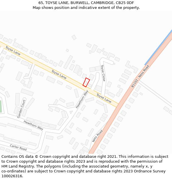 65, TOYSE LANE, BURWELL, CAMBRIDGE, CB25 0DF: Location map and indicative extent of plot