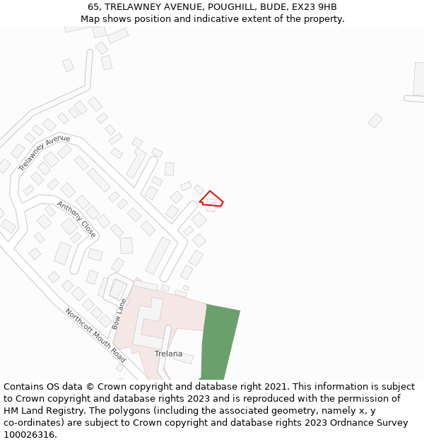 65, TRELAWNEY AVENUE, POUGHILL, BUDE, EX23 9HB: Location map and indicative extent of plot