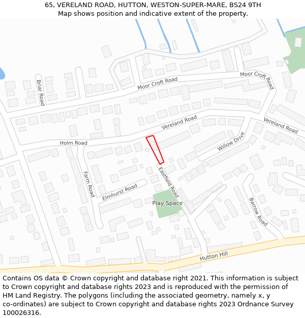 65, VERELAND ROAD, HUTTON, WESTON-SUPER-MARE, BS24 9TH: Location map and indicative extent of plot