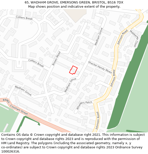 65, WADHAM GROVE, EMERSONS GREEN, BRISTOL, BS16 7DX: Location map and indicative extent of plot