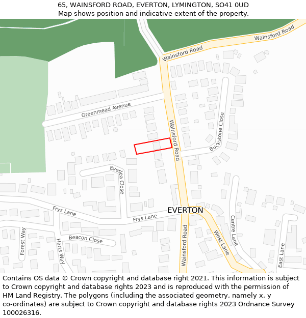 65, WAINSFORD ROAD, EVERTON, LYMINGTON, SO41 0UD: Location map and indicative extent of plot