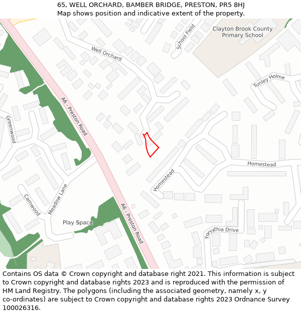 65, WELL ORCHARD, BAMBER BRIDGE, PRESTON, PR5 8HJ: Location map and indicative extent of plot