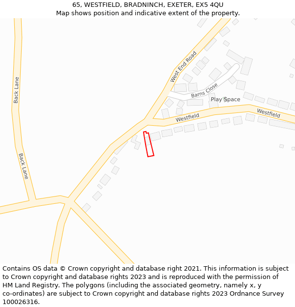 65, WESTFIELD, BRADNINCH, EXETER, EX5 4QU: Location map and indicative extent of plot