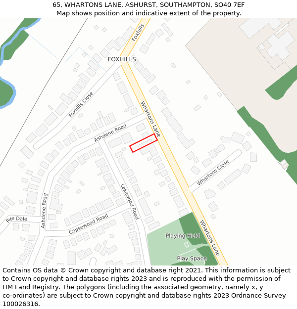 65, WHARTONS LANE, ASHURST, SOUTHAMPTON, SO40 7EF: Location map and indicative extent of plot