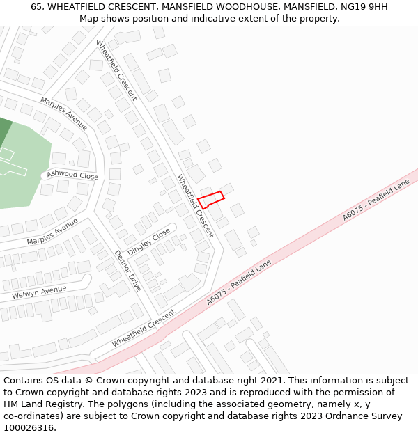 65, WHEATFIELD CRESCENT, MANSFIELD WOODHOUSE, MANSFIELD, NG19 9HH: Location map and indicative extent of plot