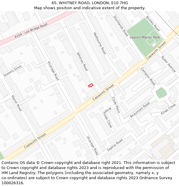 65, WHITNEY ROAD, LONDON, E10 7HG: Location map and indicative extent of plot