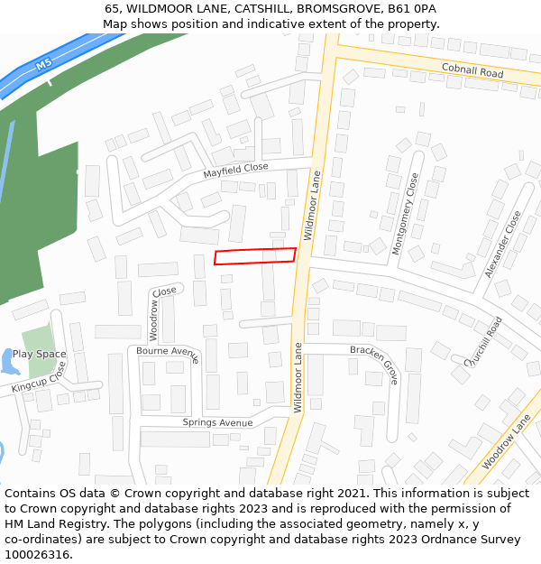65, WILDMOOR LANE, CATSHILL, BROMSGROVE, B61 0PA: Location map and indicative extent of plot