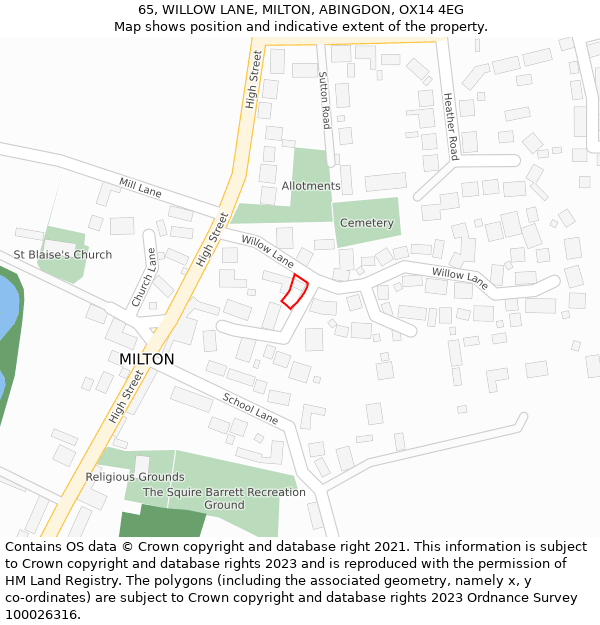 65, WILLOW LANE, MILTON, ABINGDON, OX14 4EG: Location map and indicative extent of plot